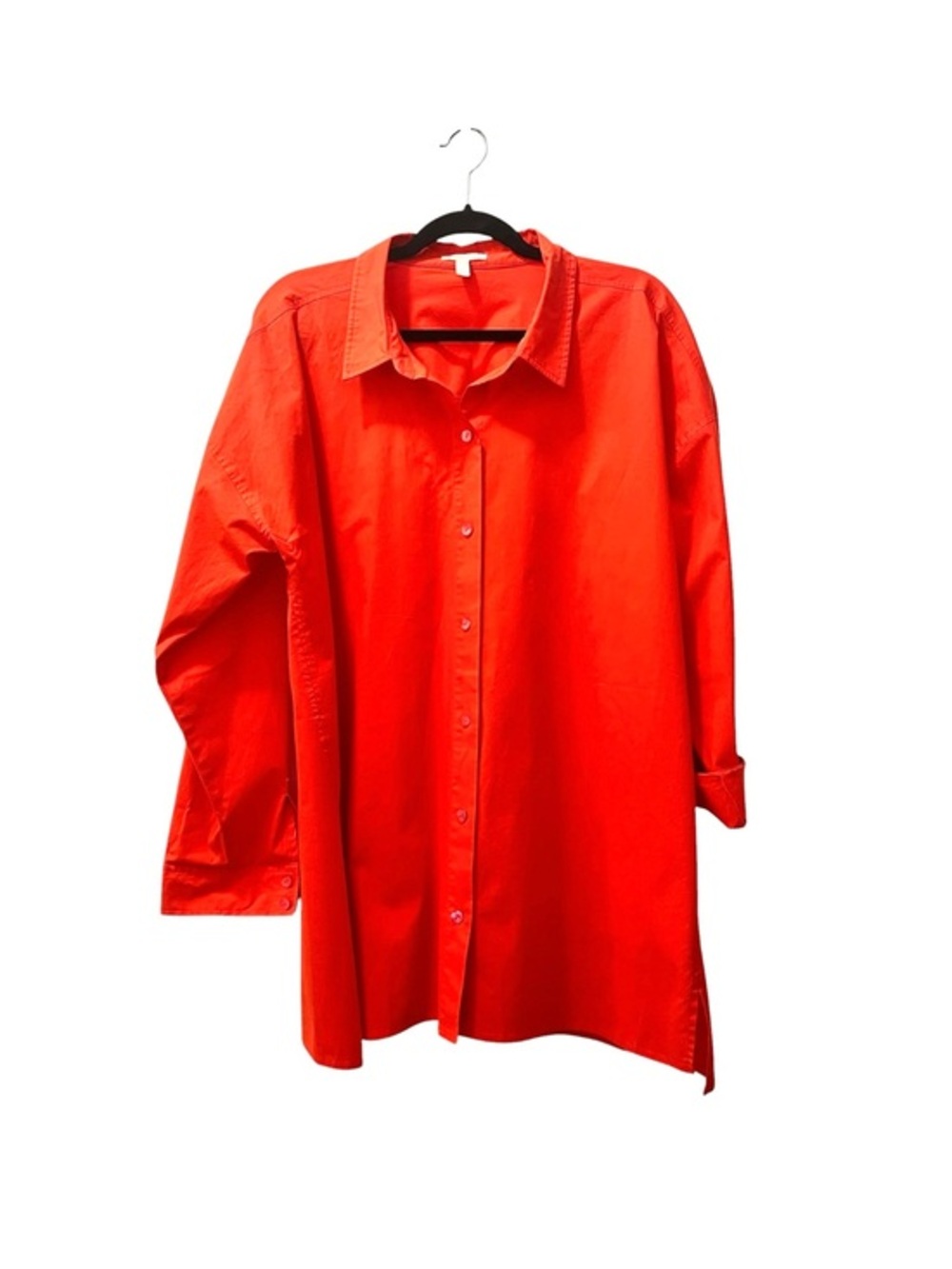 Eileen Fisher bright orange stretch organic cotton button up long sleeved blouse